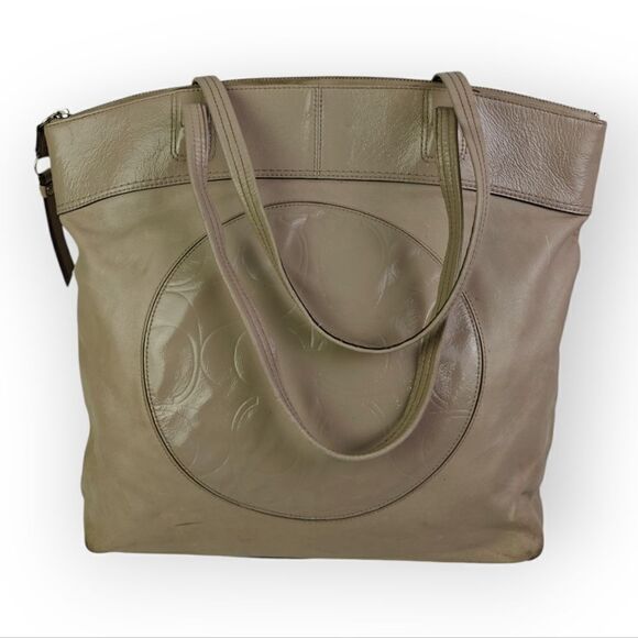 COACH BEIGE CC LOGO GENUINE LEATHER LARGE TOTE SHOULDER BAG HANDBAG PURSE BOHO - Picture 1 of 12